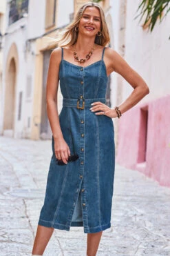 Dark Indigo Button Front Buckle Detail Denim Midi Dress 10 Dark Indigo Button Front Buckle Detail Denim Midi Dress -Opal & Oak Store web 2306 95 s23dd051in0007 95 2 210 rt