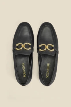 Black Leather Gold Trim Detail Loafers -Opal & Oak Store web 2306 box s23fw031bk0001 c