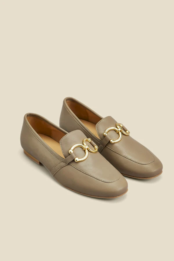 Taupe Leather Gold Trim Detail Loafers 1 Taupe Leather Gold Trim Detail Loafers