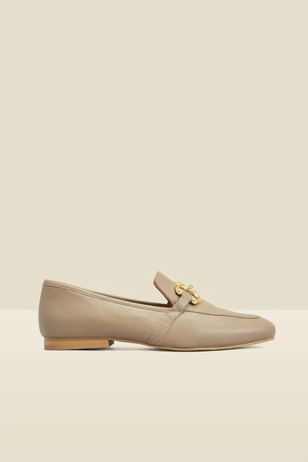 Taupe Leather Gold Trim Detail Loafers 2 Taupe Leather Gold Trim Detail Loafers - Image 2