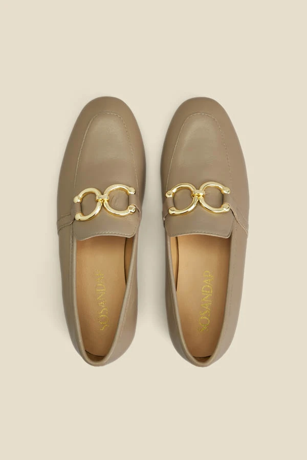 Taupe Leather Gold Trim Detail Loafers 3 Taupe Leather Gold Trim Detail Loafers - Image 3