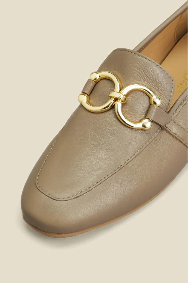 Taupe Leather Gold Trim Detail Loafers 4 Taupe Leather Gold Trim Detail Loafers - Image 4