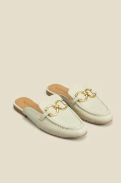 Ecru Leather Gold Trim Detail Mule Loafers