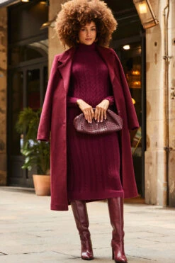 Wine Roll Neck Cable Knit Dress -Opal & Oak Store web 2307 01 a22dk650rd0011 a23ow053rd0011 01 282