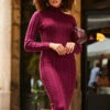 Wine Roll Neck Cable Knit Dress