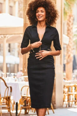 Black Buckle Detail Zip Front Denim Pencil Dress -Opal & Oak Store web 2307 05 s23dd073bk0001 05 169