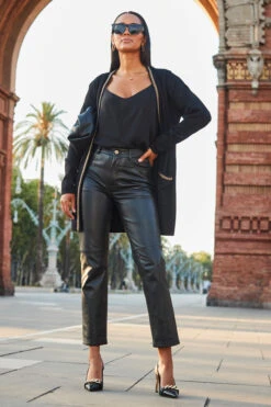 Black Longline Cardigan With Luxe Chain Trim -Opal & Oak Store web 2307 107 s23tk979bk0001 107 005 2