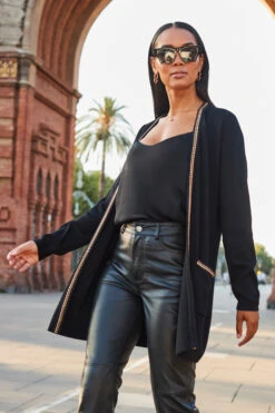 Black Longline Cardigan With Luxe Chain Trim -Opal & Oak Store web 2307 107 s23tk979bk0001 107 073