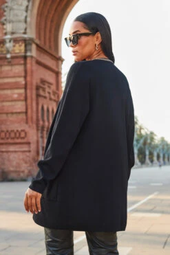 Black Longline Cardigan With Luxe Chain Trim -Opal & Oak Store web 2307 107 s23tk979bk0001 107 119