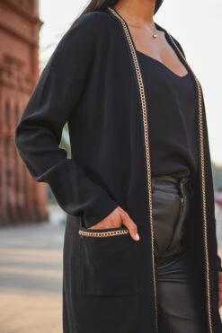 Black Longline Cardigan With Luxe Chain Trim -Opal & Oak Store web 2307 107 s23tk979bk0001 107 190