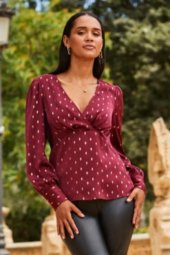 Burgundy & Gold Metallic Spot Print Satin Top -Opal & Oak Store web 2307 111 a23tw014rd0004 111 024