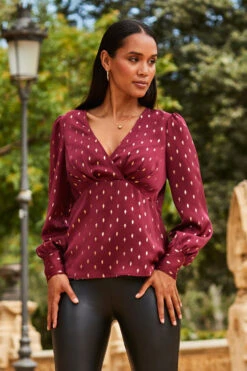 Burgundy & Gold Metallic Spot Print Satin Top