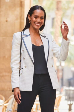 Ivory Boucle Blazer With Faux Leather Trim