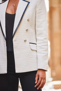 Ivory Boucle Blazer With Faux Leather Trim -Opal & Oak Store web 2307 19 s23ow080iv0001 s23bd012bk0001 19 219
