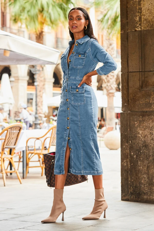 Mid Blue Pocket Detail Denim Pencil Dress 1 Mid Blue Pocket Detail Denim Pencil Dress