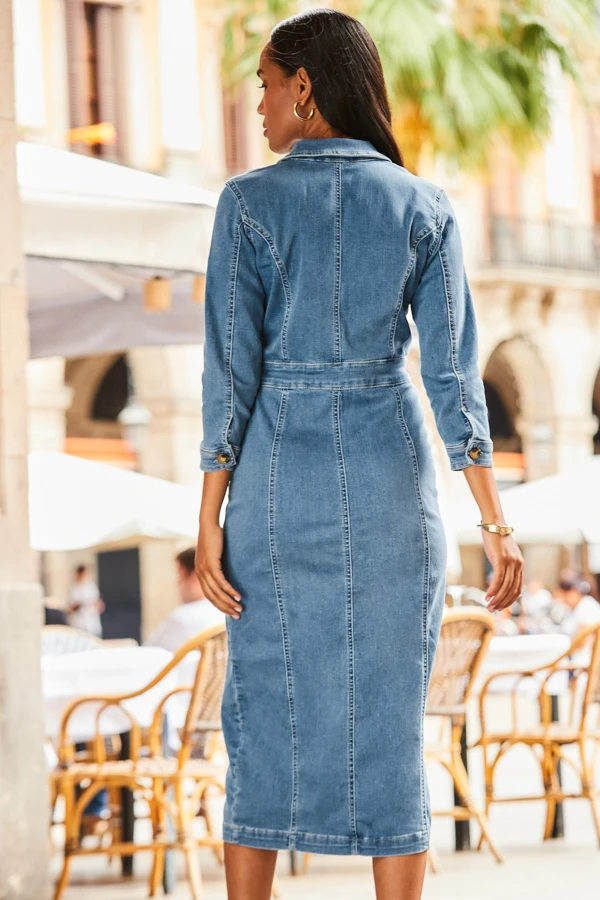 Mid Blue Pocket Detail Denim Pencil Dress 3 Mid Blue Pocket Detail Denim Pencil Dress - Image 3