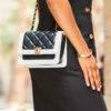 Black Quilted Ivory Trim Chain Detail Cross Body Bag