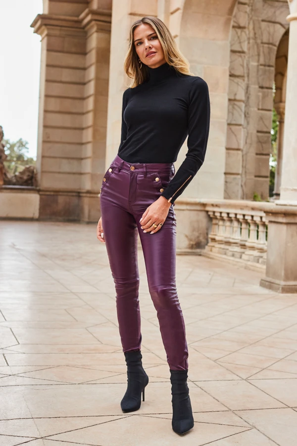 Wine Button Detail Coated Skinny Jeans 5 Wine Button Detail Coated Skinny Jeans - Image 5