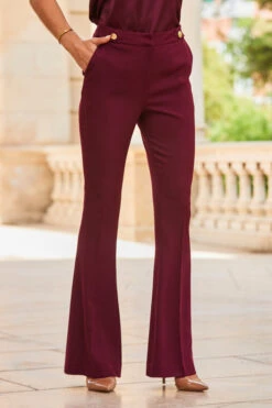 Wine Button Detail Kick Flare Trousers -Opal & Oak Store web 2307 64 a23ow031rd00011 a23bw002rd011 s23tw089rd0004 64 616