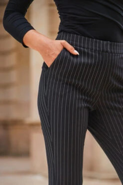 Black & White Pinstripe Kick Flare Trousers -Opal & Oak Store web 2307 66 a23ow046bk0001 a23bw015bk0001 66 519