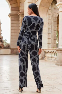 Black Geometric Print Faux Wrap Front Jumpsuit -Opal & Oak Store web 2307 84 a20jj004bkge01 84 095