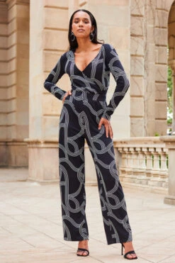 Black Geometric Print Faux Wrap Front Jumpsuit -Opal & Oak Store web 2307 84 a20jj004bkge01 84 108