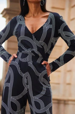 Black Geometric Print Faux Wrap Front Jumpsuit -Opal & Oak Store web 2307 84 a20jj004bkge01 84 156