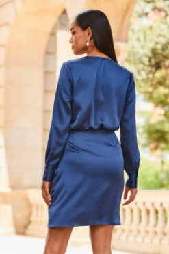 Midnight Blue Satin Wrap Dress -Opal & Oak Store web 2307 89 s23dw197be0028 89 139