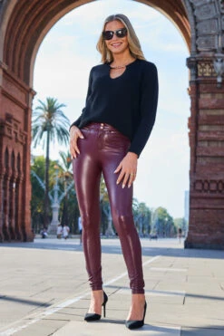 Burgundy Rose Gold Button & Zip Detail Leather Look Leggings -Opal & Oak Store web 2307 93 a22tk530bk0001 s22bp001rd0004 a23ow053rd0011 93 404 1