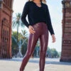 Burgundy Rose Gold Button & Zip Detail Leather Look Leggings