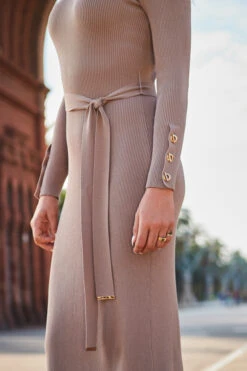Taupe Belted Gold Button Detail Knitted Midi Dress 9 Taupe Belted Gold Button Detail Knitted Midi Dress -Opal & Oak Store web 2307 97 a23dk269bn0003 97 314