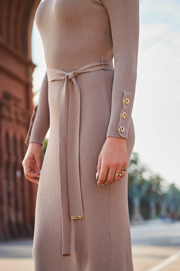 Taupe Belted Gold Button Detail Knitted Midi Dress 3 Taupe Belted Gold Button Detail Knitted Midi Dress - Image 3