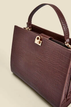 Brown Croc Faux Leather Top Handle Tote Bag With Cross Body Strap -Opal & Oak Store web 2307 box a23ac008pt0004 c