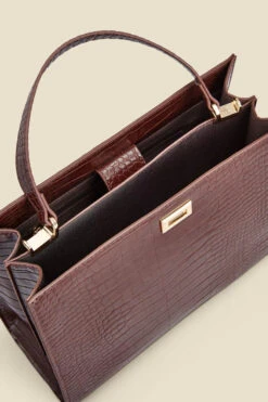 Brown Croc Faux Leather Top Handle Tote Bag With Cross Body Strap -Opal & Oak Store web 2307 box a23ac008pt0004 d