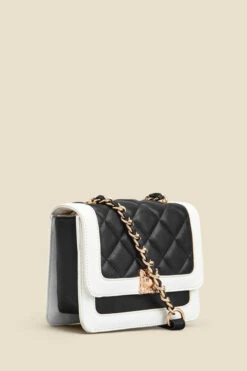 Black Quilted Ivory Trim Chain Detail Cross Body Bag -Opal & Oak Store web 2307 box a23ac013bk0001 b
