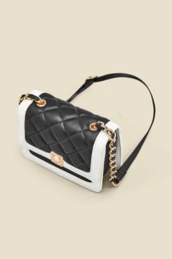 Black Quilted Ivory Trim Chain Detail Cross Body Bag -Opal & Oak Store web 2307 box a23ac013bk0001 c