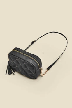 Black Diamante Quilted Cross Body Bag With Tassel -Opal & Oak Store web 2307 box a23ac014bk0001 c