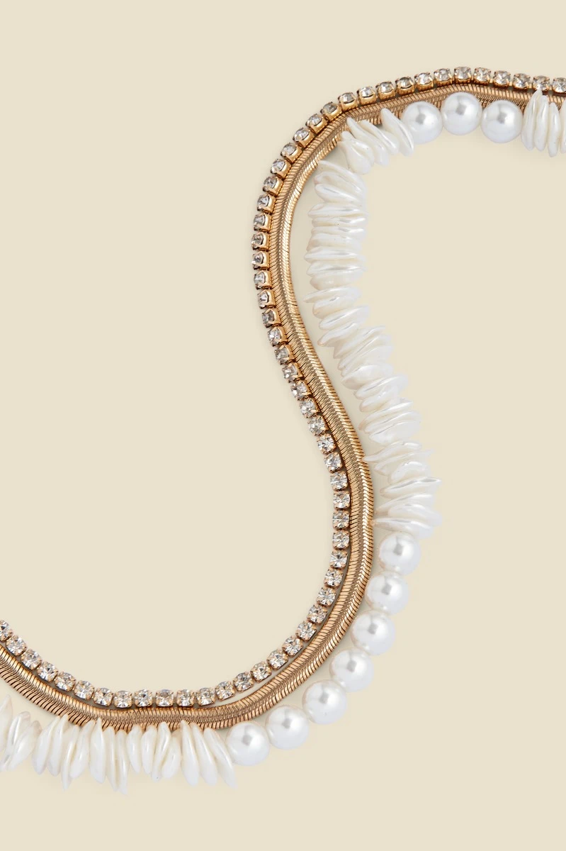 Gold Triple Layer Diamante & Pearl Toggle Detail Necklace 2 Gold Triple Layer Diamante & Pearl Toggle Detail Necklace - Image 2