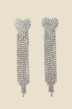 Silver Rhineshtone Heart Detail Tassel Earrings