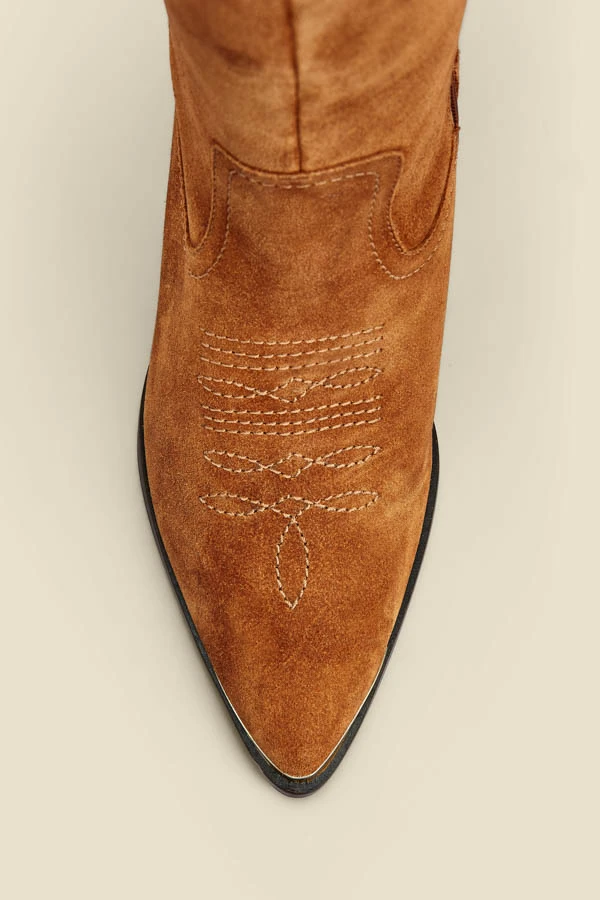 Tan Suede Tab Detail Knee High Western Boots With Metal Trim 4 Tan Suede Tab Detail Knee High Western Boots With Metal Trim - Image 4