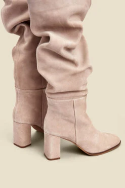 Taupe Suede Block Heel Slouch High Leg Boots -Opal & Oak Store web 2307 box a23fw011bn0003 b