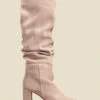 Taupe Suede Block Heel Slouch High Leg Boots
