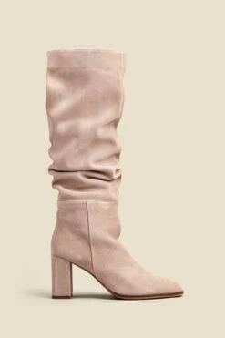 Taupe Suede Block Heel Slouch High Leg Boots