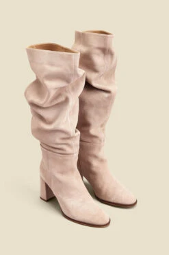 Taupe Suede Block Heel Slouch High Leg Boots -Opal & Oak Store web 2307 box a23fw011bn0003 d