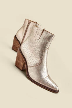 Champagne Gold Croc Leather Tab Detail Western Ankle Boots 7 Champagne Gold Croc Leather Tab Detail Western Ankle Boots -Opal & Oak Store web 2307 box a23fw013mc0003 b