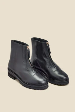 Black Leather Zip Front Ankle Boots