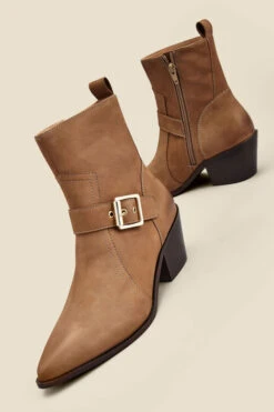 Taupe Leather Buckle Detail Western Ankle Boots -Opal & Oak Store web 2307 box a23fw015bn0003 a rt