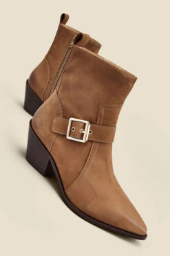 Taupe Leather Buckle Detail Western Ankle Boots -Opal & Oak Store web 2307 box a23fw015bn0003 b rt