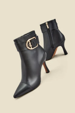 Black Leather Buckle Detail Flared Heel Ankle Boots -Opal & Oak Store web 2307 box a23fw016bk0001 a