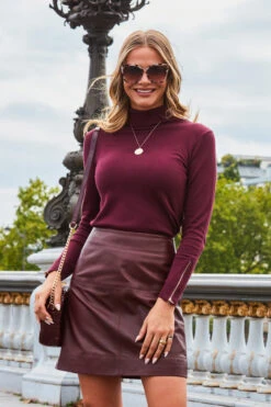 Wine Leather A-Line Skirt